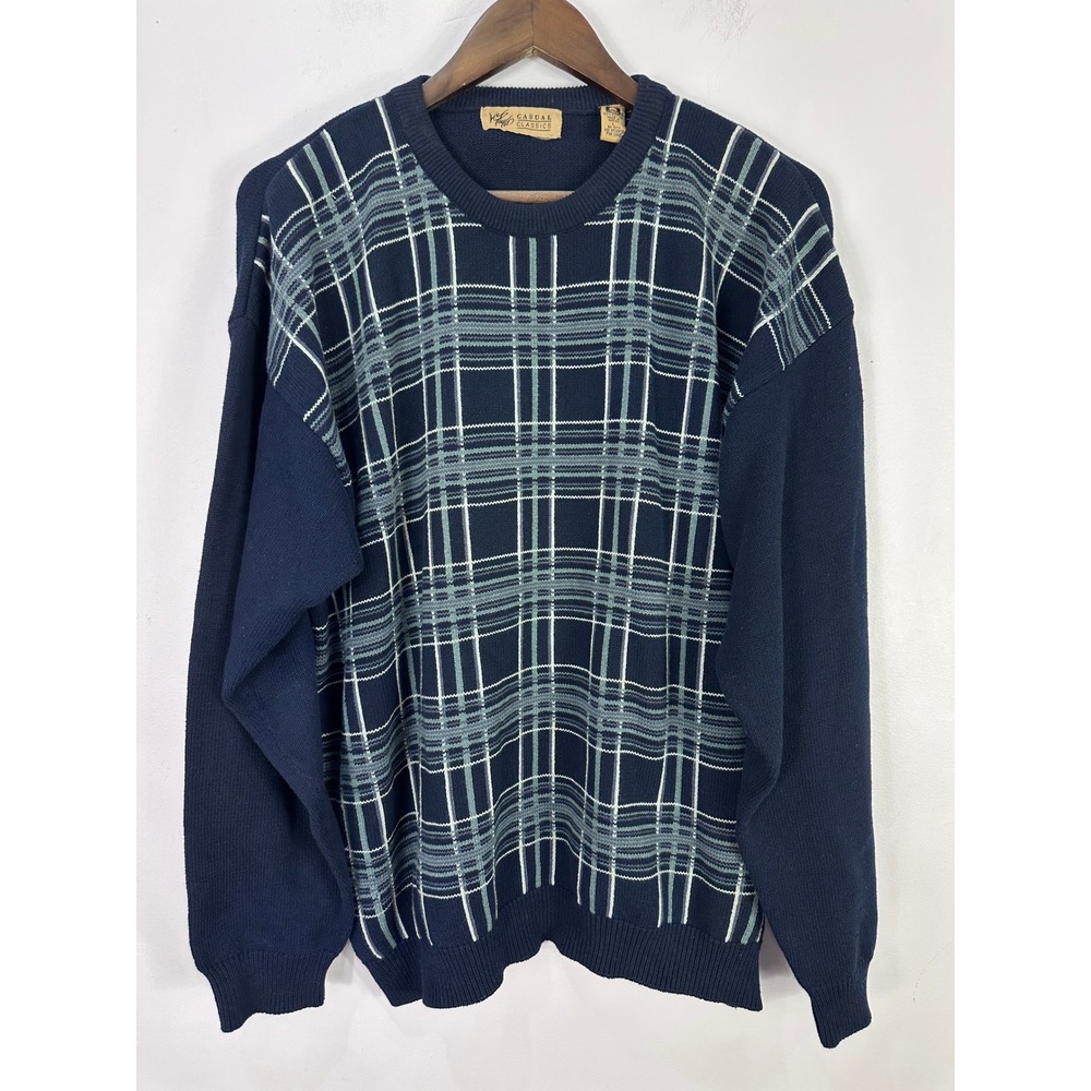 Lord & Taylor Sweater Mens Large Blue Tartan Plaid Cotton Knit Crew Neck Vintage